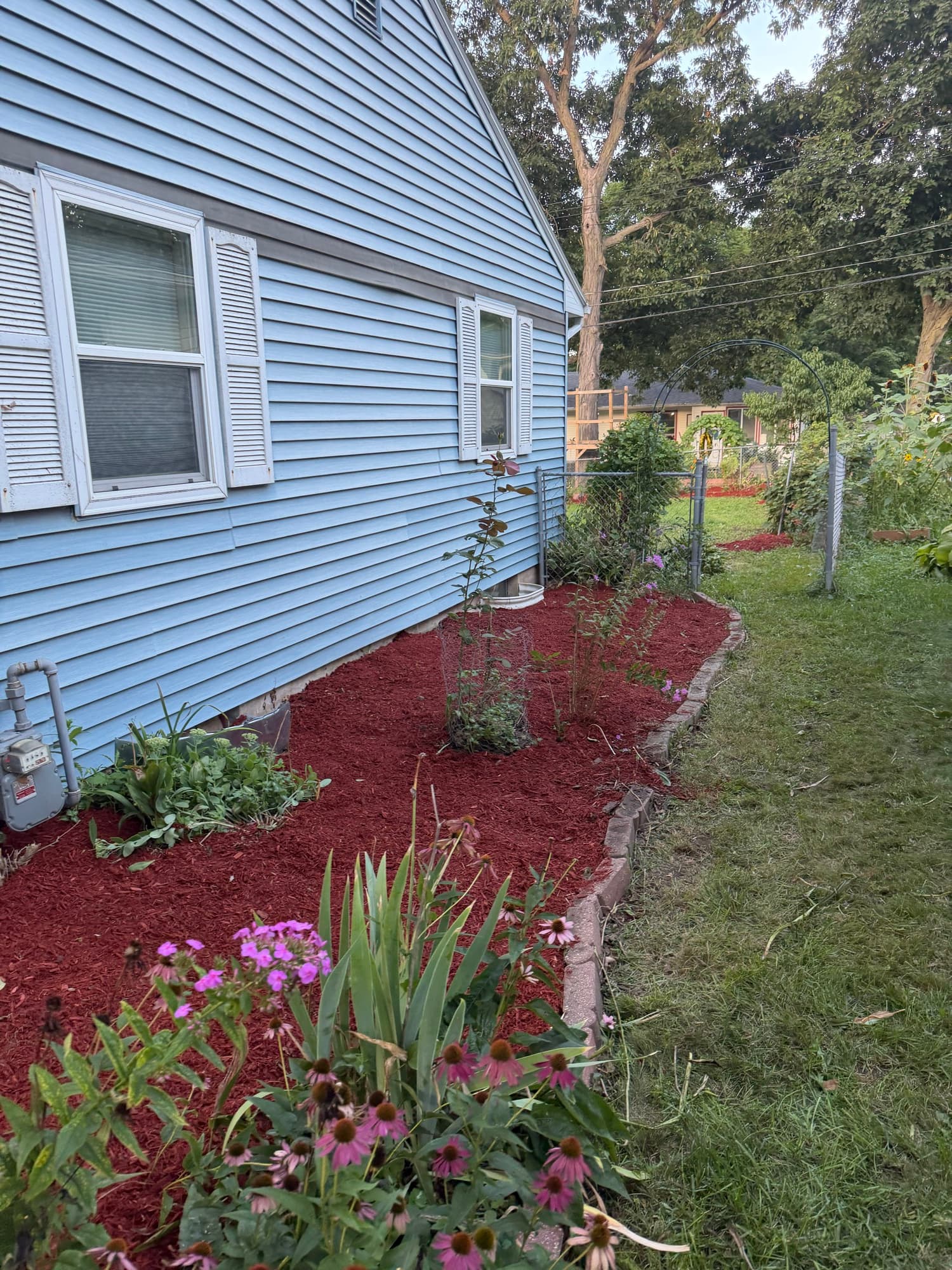 Foundation bed, fresh mulch & flowers
