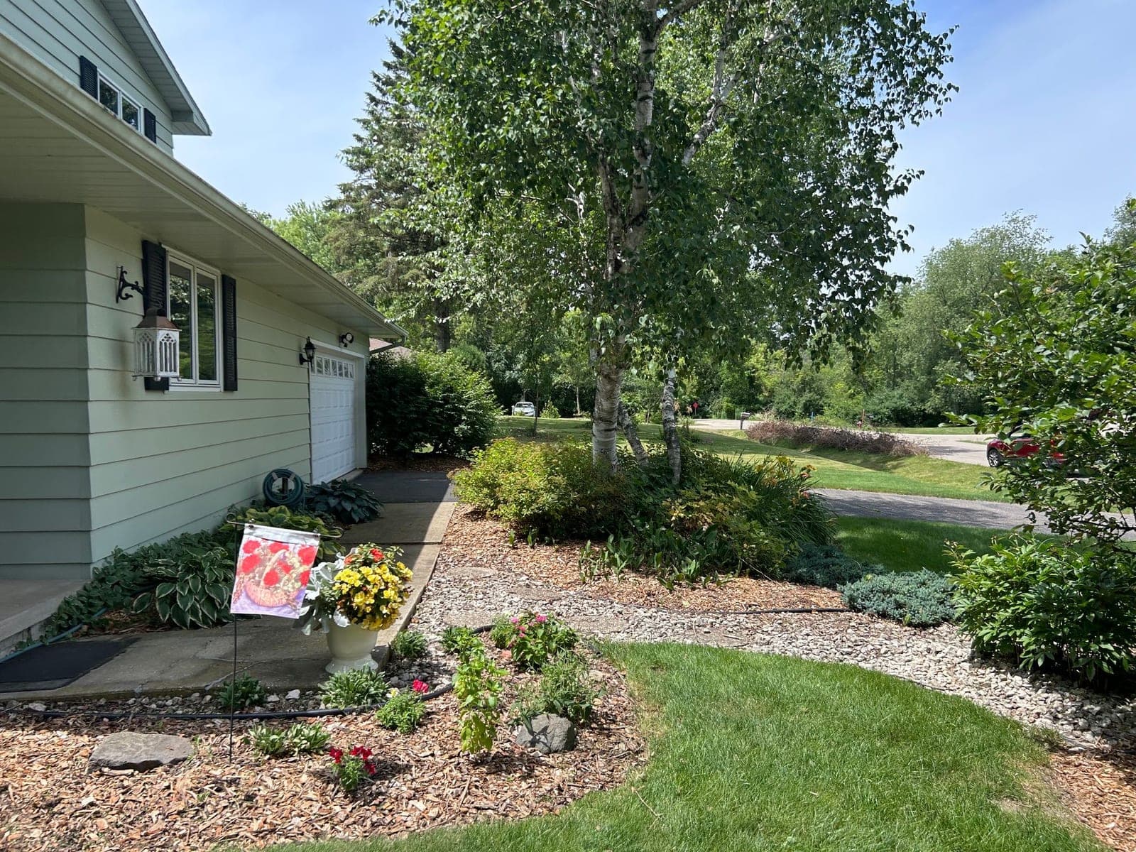 Curved garden bed with flowers, stone, and a birch tree beside a house